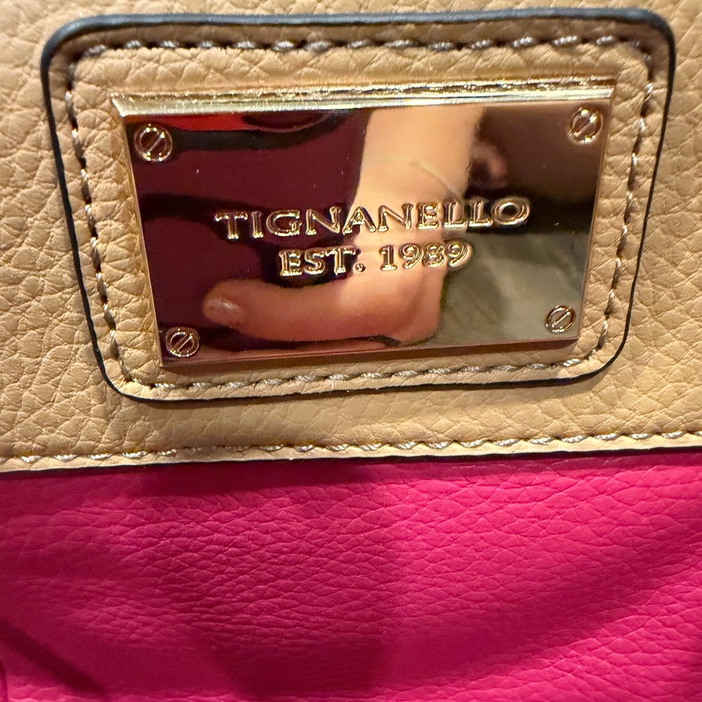 Tignanello Pink and Tan Colorblock Satchel with Gold Hardware - Picture 3 of 14